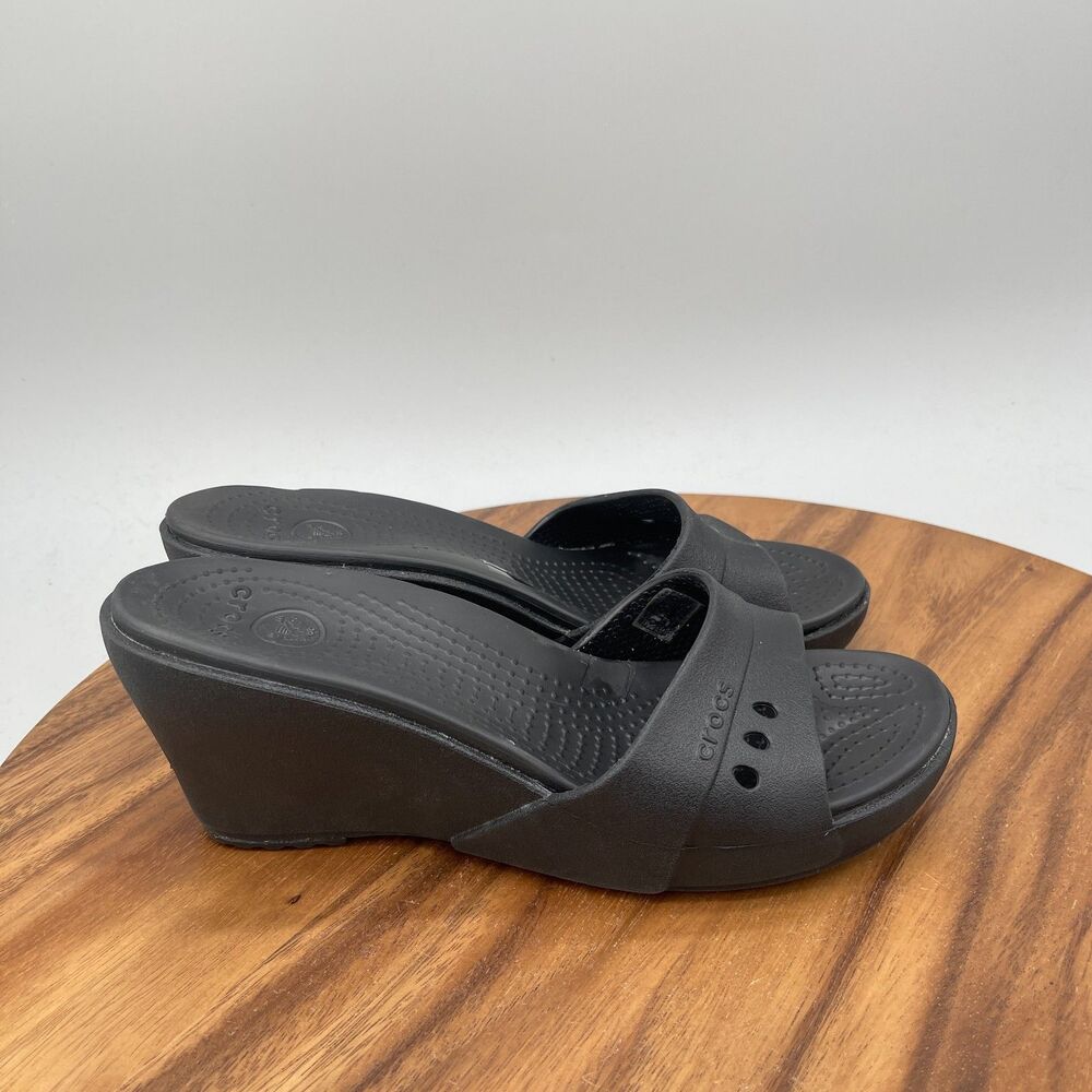 Crocs Kadee Sandals Womens Size 8 Black Wedge Slip On Casual Shoes Slides